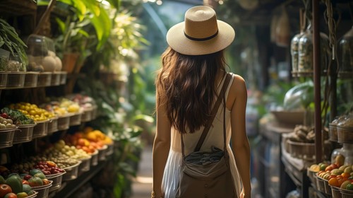 Young adult woman walking the bountiful farmers market. generative AI