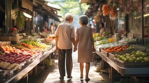 Happy senior adult chinese couple enjoying the farmers market with bountiful produce. generative AI