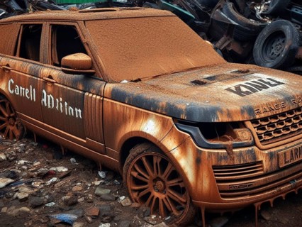Crashed abandoned rusty expensive luxurious atmospheric 4 door powerful as circulation banned for co2 emission 2030 agenda dystopian concept ai generated