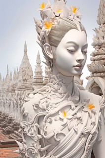 Cambodian white female deity surrounded by a row of stupas