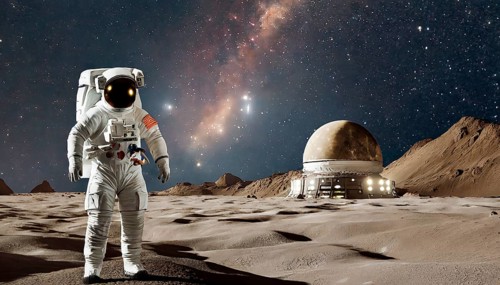 An astronaut in a spacesuit on the moon in front of the starry sky