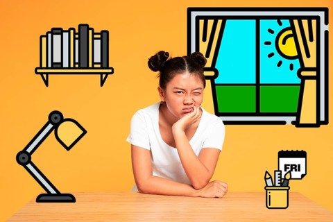 Asian woman making funny faces resting iconos desk