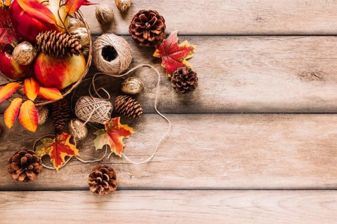 Autumn composition with pine cones clews apples