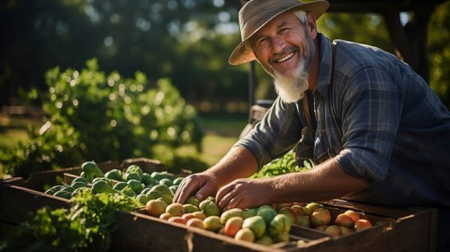Bearded farmer tending to his fresh and bountiful produce harvest crates. generative AI
