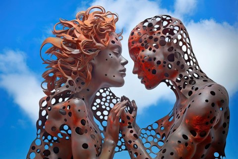 Surrealist red bionic metallic creatures
