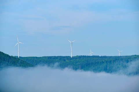 Wind turbines on a hill on a foggy morning