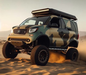 Camo matte painted camper van offroad lifted 4x4 conversion from smart city car vehicle circulate on sand jump drift ai generated