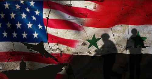 Conflict between USA and Syria concept. Political tension between the USA and Syria. United States vs Syria flag on cracked wall