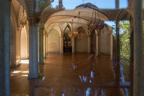 View through a window into the castle hall of Rosenau Castle
