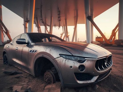 Crashed abandoned rusty expensive luxurious atmospheric 4 door powerful as circulation banned for co2 emission 2030 agenda dystopian concept ai generated