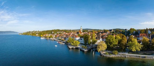 Aerial panorama of Ueberlingen on Lake Constance with the historic old town and the lakeside promenade Lake Constance district