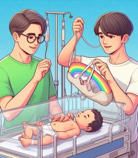 Illustration depicting couple of happy young persons at the hospital neonatology paediatrics take care of newborn