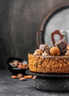 Front view delicious chocolate cake stand