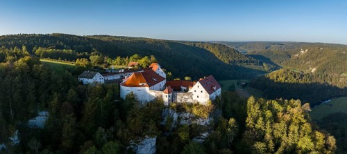 Aerial panorama of Wildenstein Castle near Leibertingen in the morning sun