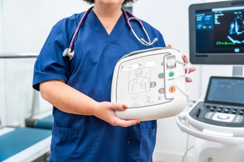 Close-up of an unrecognizable cardiologist explaining how a small defibrillator works