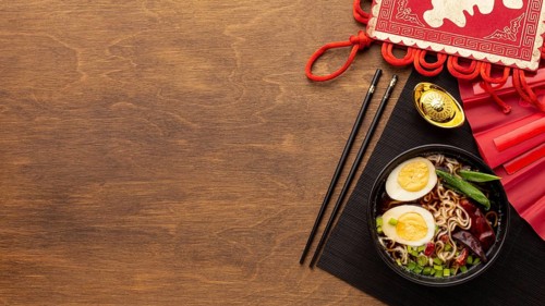 Chinese new year dish wooden background