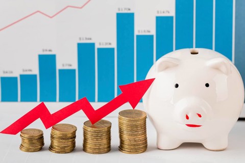 Front view piggy bank with coins growth chart