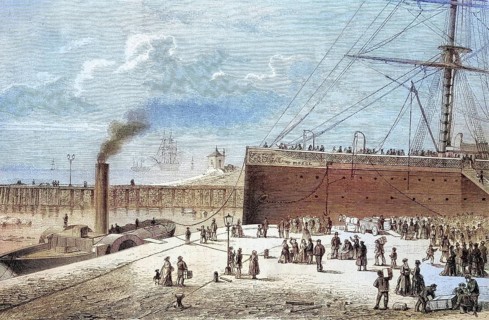 Ships Moselle and Simson shortly in front of the bomb attack on the emigrant ship in Bremerhaven harbour on 11 December 1875