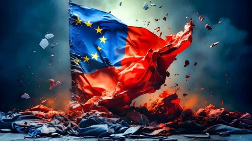 A flag in bright colours as a symbol of the disintegration of the European Union