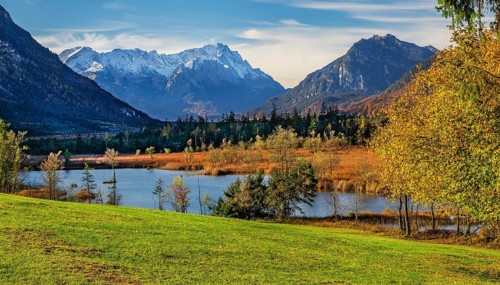 Autumn landscape with moorland Seven Springs and Zugspitze Group 2962m in the Wetterstein Mountains
