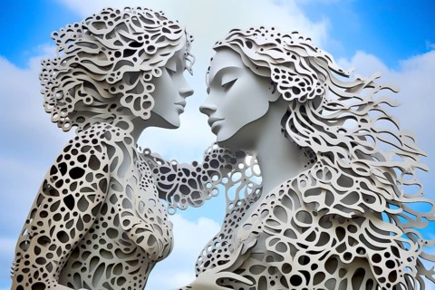 Surrealist white bionic metallic women creatures