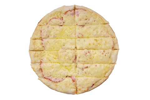 Top view of focaccia with ham and pickled cucumber cut on stripes