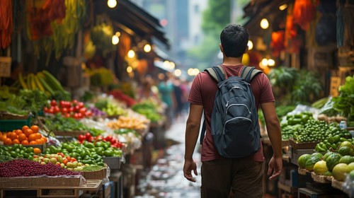 Young adult man with a backpack walking the bountiful farmers market. generative AI