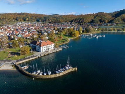 Aerial view of Lake Constance with the municipality of Bodman-Ludwigshafen with the marina and old customs house