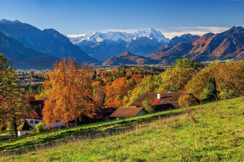 Autumn landscape near Hagen with Zugspitze group 2962m in the Wetterstein mountains