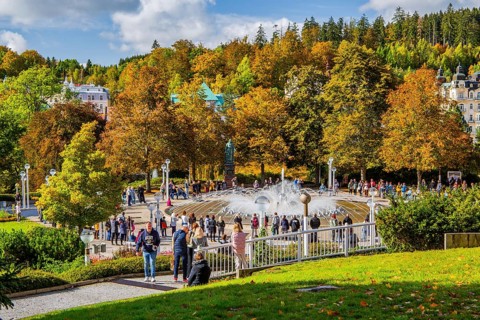Singing fountain in autumn spa park