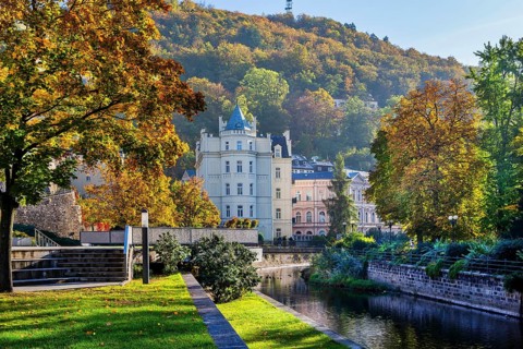Historic Hotel Pavlov on the banks of the Tepla in autumn