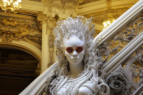 Futuristic white woman porcelain robot on stairs