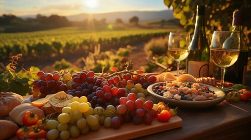 Bountiful display of agricultural abundance colorful vegetables and organic fresh fruits at harvest time outdoors amongst the country vineyards. generative AI