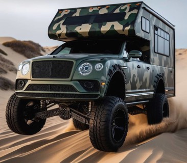 Camo matte painted camper van offroad lifted 4x4 conversion from british luxury sedan vehicle circulate on sand jump drift ai generated