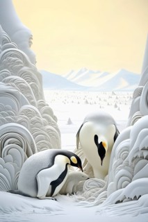 Emperor penguin with chick in a snowy environment