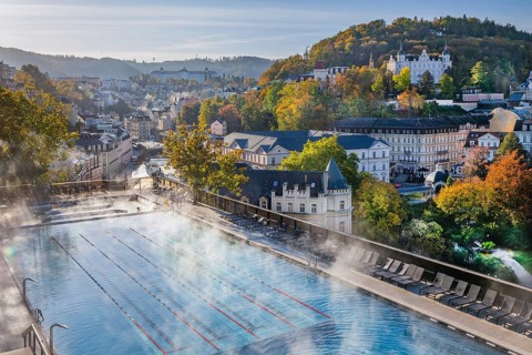 Outdoor terrace of the thermal spa with panoramic view of the city in autumn
