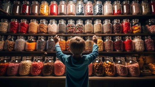 Back view of a small child walking amidst a bountiful display of glass candy jars at a market filled with endless varieties of colorful confections and an abundant selection of sweet treats. generativ...