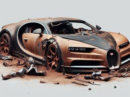 Crashed abandoned rusty expensive atmospheric car as circulation banned for co2 emission 2030 agenda dystopian concept ai generated