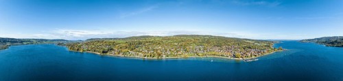 Aerial panorama of the Hoeri peninsula with the village of Wangen