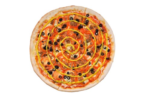 Top view of pizza with minced beef meat
