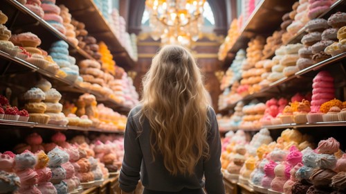 Young adult woman standing amid towering shelves of delicious pastries. generative AI