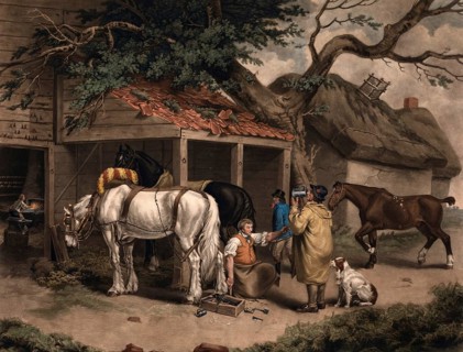 The blacksmith in his forge with a horse for shoeing