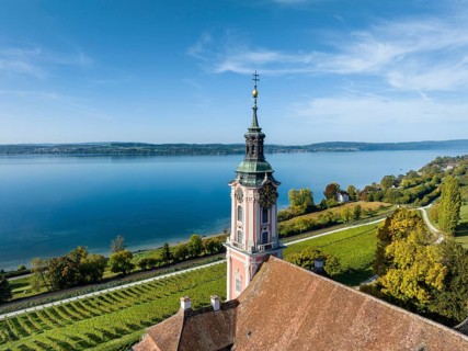 Aerial view and detailed view of the baroque pilgrimage church Birnau