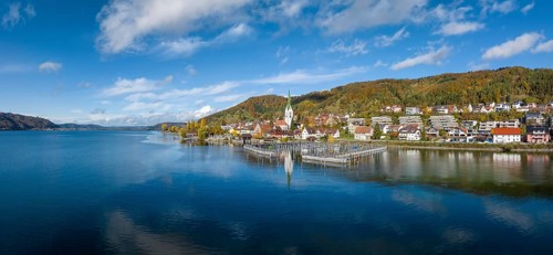 Aerial panorama of the village of Sipplingen on Lake Constance with autumn vegetation
