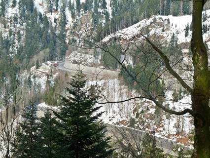 View from the Bister waterfall to the hairpin bends of the main road through the Hoellental valley