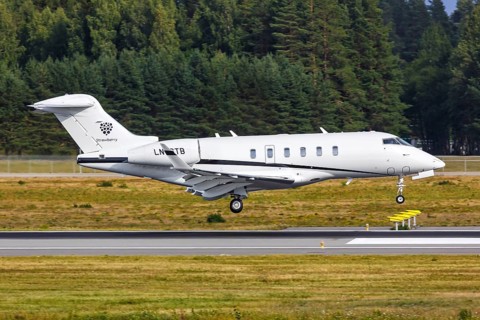 A Bombardier Challenger 350 aircraft operated by Strawberry Sundt Air with the registration LN-STB at Oslo Gardermoen Airport