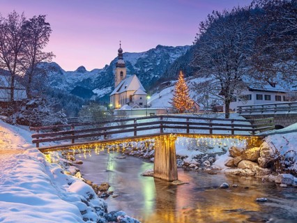 Christmas parish church of St Sebastian at sunset