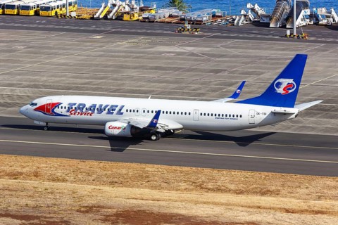 A Boeing 737-900ER Travel Service aircraft with the registration OK-TSI at Funchal Airport