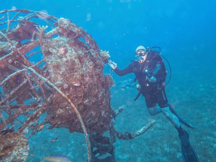 Diver at underwater sculpture elephant