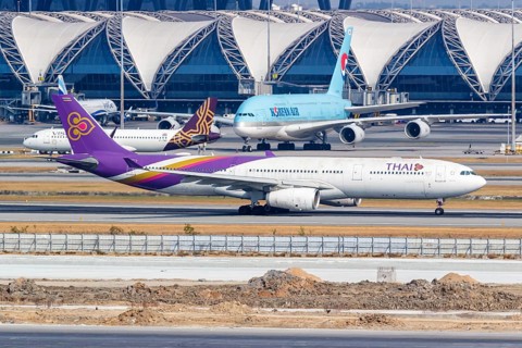 A Thai Airways Airbus A330-300 aircraft with the registration HS-TEO at Bangkok Suvarnabhumi Airport
